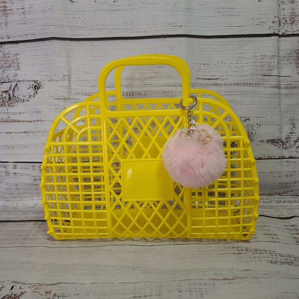 Retro Jelly Basket with Pom Pom Yellow / Tote Basket Purse Bag Beach Bag Shower